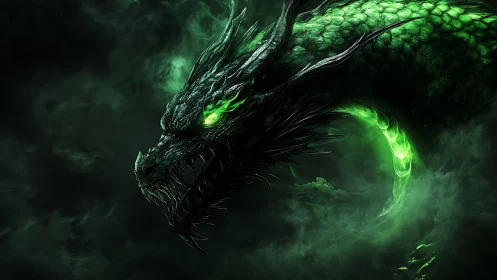 Green glowing dragon head in dark swirling smoke.