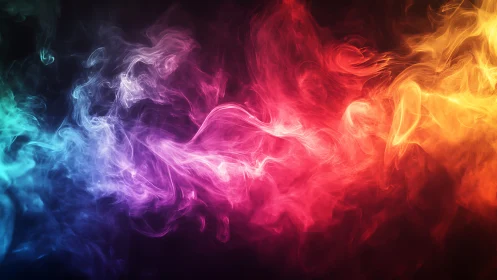 Multicolor swirling smoke pattern on dark gradient background.