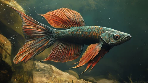 Graceful river fish gliding through sunlit, mossy water.