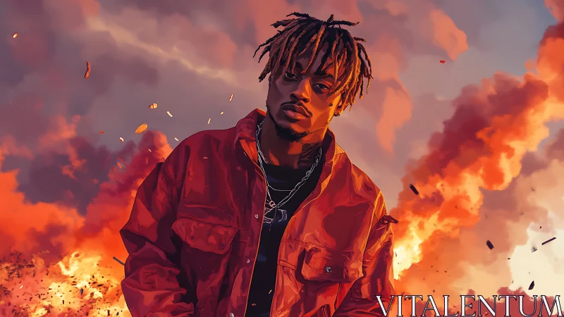 Stylish man stands before fiery explosion in vivid sky.