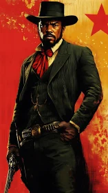 Confident black cowboy gunslinger against bold red backdrop.