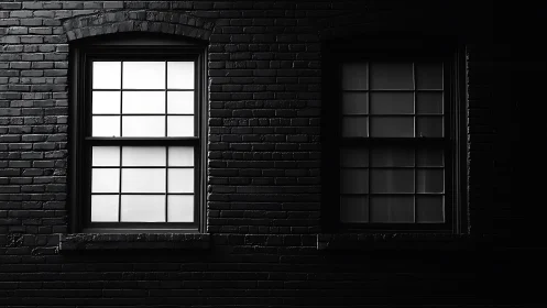 Twin brick windows in stark monochrome contrast at night.