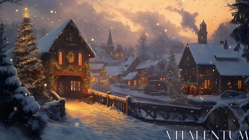 Snow-covered village street with illuminated winter houses.