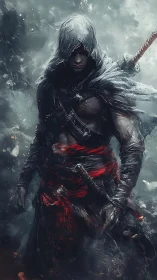 Hooded dual‑sword warrior in storm, red sash, cinematic detail