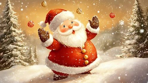 Cheerful Santa in snowy forest under glowing baubles.