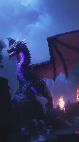 Voxel dragon illuminated in stormy neon rainstorm scene.