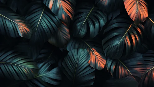 Midnight jungle leaves kissed by ember-lit whispers of dawn.