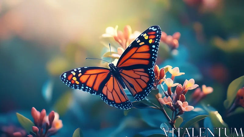 Monarch butterfly rests on blossoms under soft golden light.