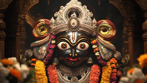 Intricately adorned Hindu deity idol with floral garlands