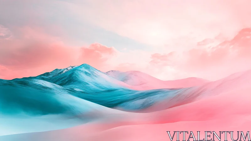 Bicolor glacial mountain range rendered in cyan and pastel pink atmosphere