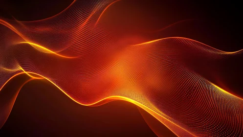 Flowing orange light waves over dark abstract background.