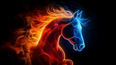 Bicolor elemental horse in neon firelight digital painting.