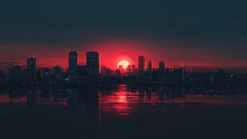 Cybernetic skyline under crimson glitch sunset horizon.