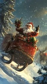 Santa rides through a sparkling snowy forest night.