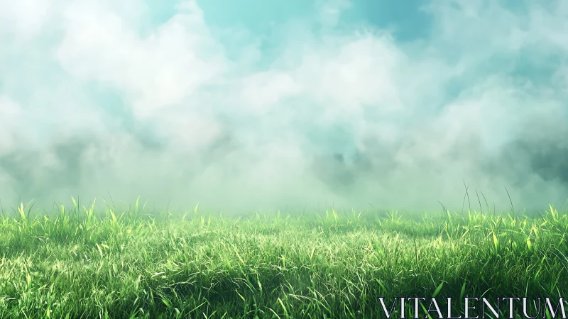 Foggy green grass field sits under bright turquoise sky