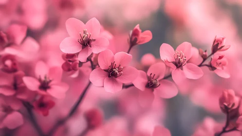 Pink blossoms bloom in soft focus nature scene.