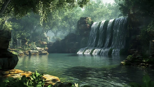 Sunlit jungle waterfall spills into tranquil emerald pool.