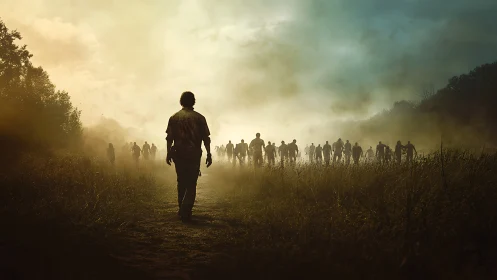 Lone survivor confronts advancing horde at burning horizon.