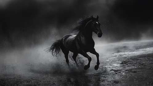 High-contrast equine motion capture in monochrome mist field.
