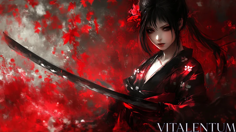 Crimson samurai heroine holds her blade amid falling leaves