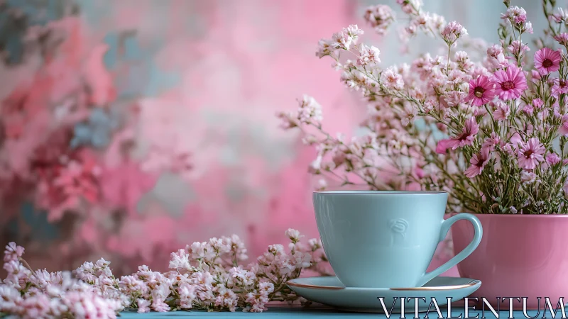 Serene Moment with Tea and Garden Flowers