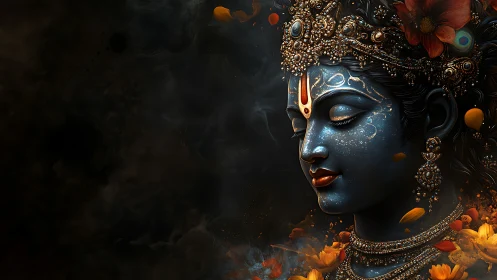 Digital portrait of blue-skinned figure with ornate jewelry.