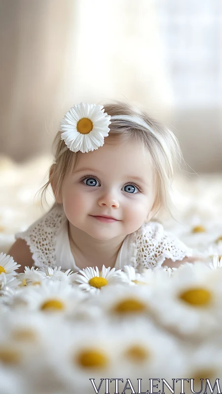 Daisy-Crowned Wonder Gazes Through Blooms in Ethereal Light