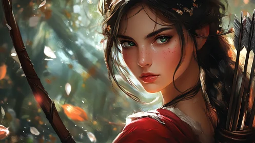 Forest huntress with emerald eyes pauses in dappled light