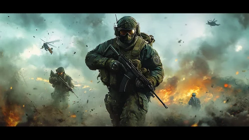 Battle-hardened soldiers surge through a storm of burning steel.