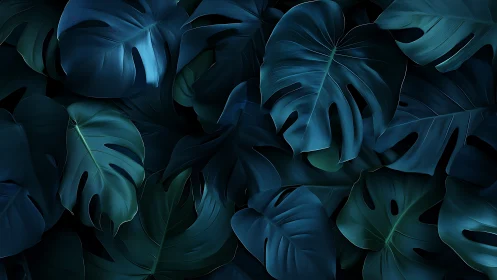 Layered monstera foliage rendered in deep cyan low-key lighting
