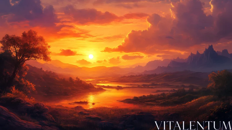 Golden sunset river winding through peaceful fantasy hills.