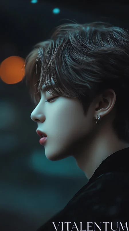 Soft night portrait of a serene, dreamlit profile moment.