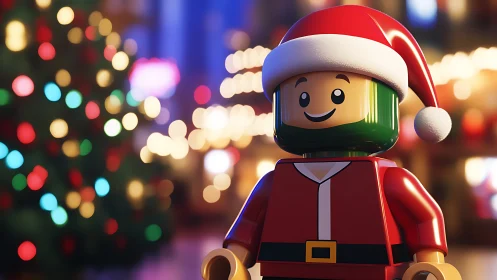 Smiling toy Santa stands amid glowing Christmas lights