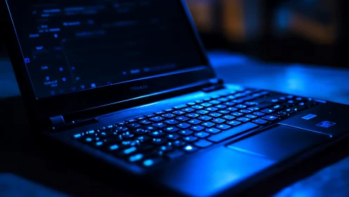 Midnight laptop hums softly under electric blue code glow