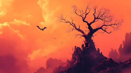 Twisted dead tree towering over crimson fantasy cliffs.