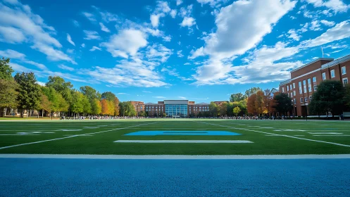 College football field frames campus quad under vivid sky