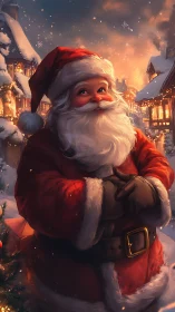 Snowlit Santa portrait in glowing festive village street.
