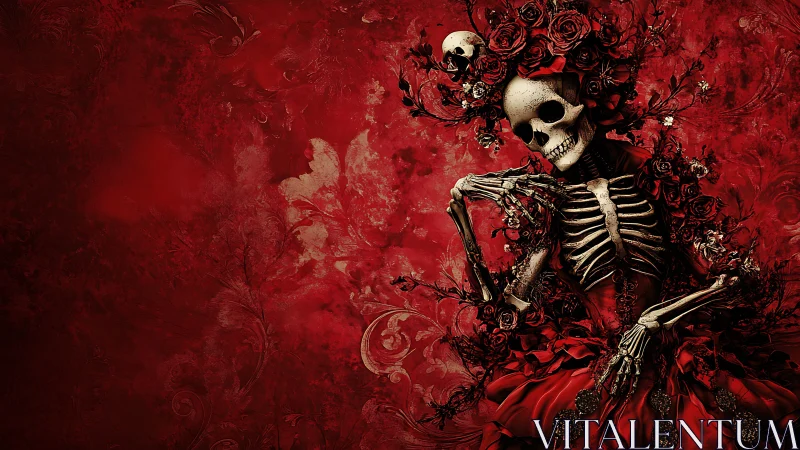 Baroque skeletal figure entwined with crimson roses on red field.