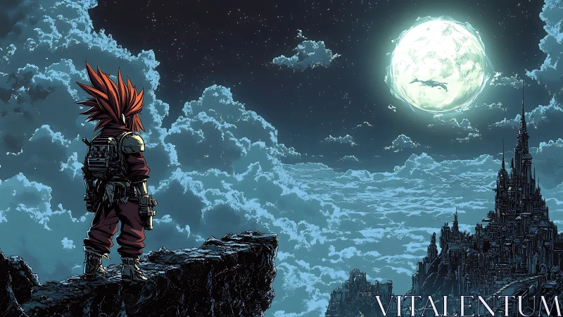 Lone cyber adventurer overlooks moonlit fortress skyline.