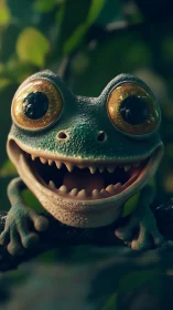 Wide-eyed stylized frog portrait uses cinematic 3D lighting