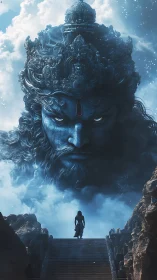 Majestic stone deity looms over lone figure on stairs.