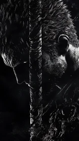 Monochrome warrior profile divided by textured blade.