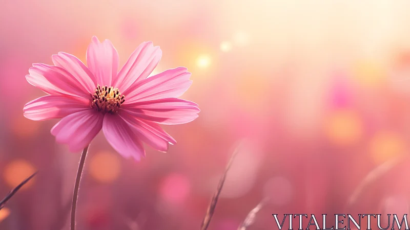 Pink cosmos flower blooming against luminous bokeh backdrop.