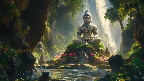 Majestic Shiva statue in luminous jungle waterfall sanctuary.