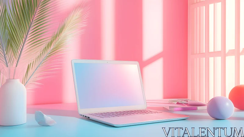 Minimalist pastel workspace with laptop and soft sunlight, modern style.