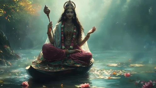 Divine river meditation in volumetric light and lotus bloom.