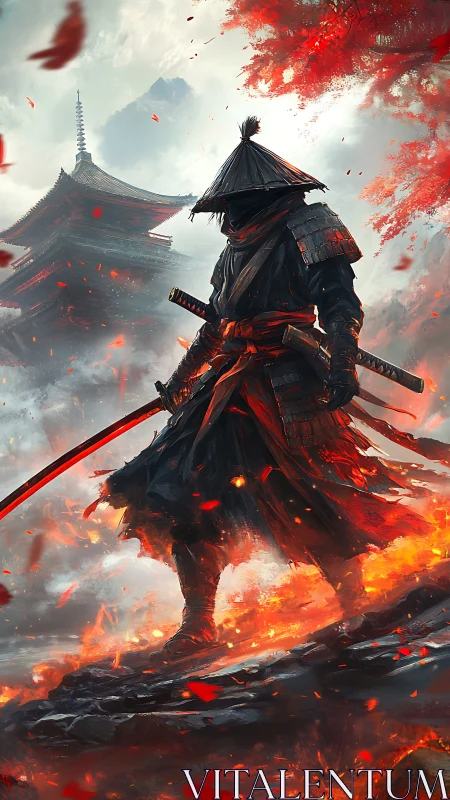 Digital painting of lone samurai amid embers and pagoda backdrop.