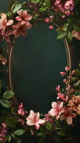 Oval brass frame encircled by high-detail pink floral garland
