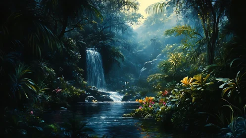 Tropical Paradise: Waterfall Sanctuary in Lush Jungle.