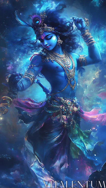 Blue-skinned divine dancer in swirling cosmic colors.